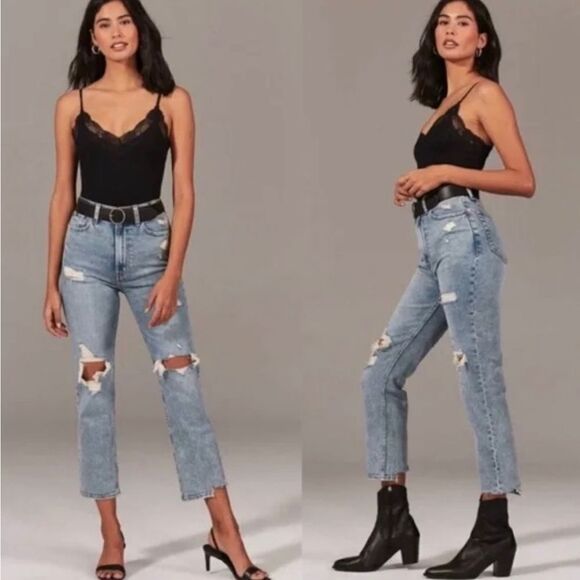 Abercrombie & Fitch Ankle Straight Ultra High Rise Distressed Jeans - Picture 1 of 8
